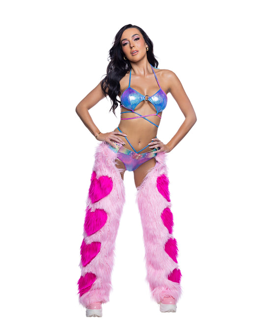 Baby pink faux fur heart chaps with magenta hearts and an adjustable holographic belt for festivals