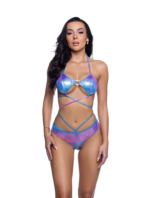 Black Geo Shimmer Ring Top & Strappy High-Leg Festival Set in holographic for rave looks