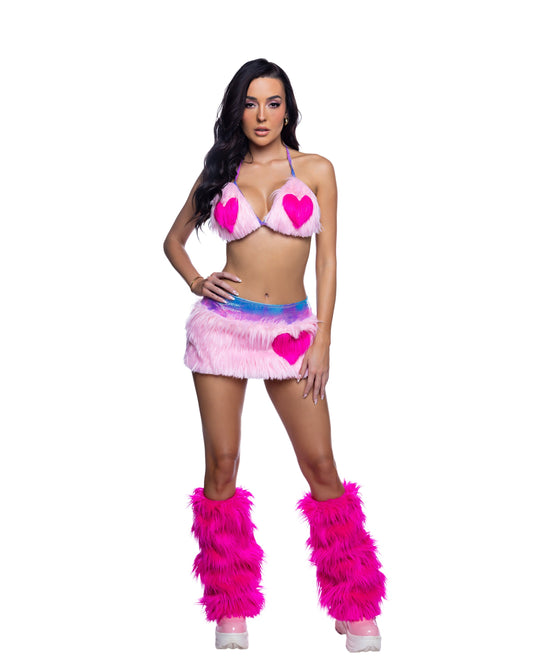 Baby Pink/Hot Pink Faux Fur Heart Halter Top & Mini Skirt Rave Set in faux fur for rave looks