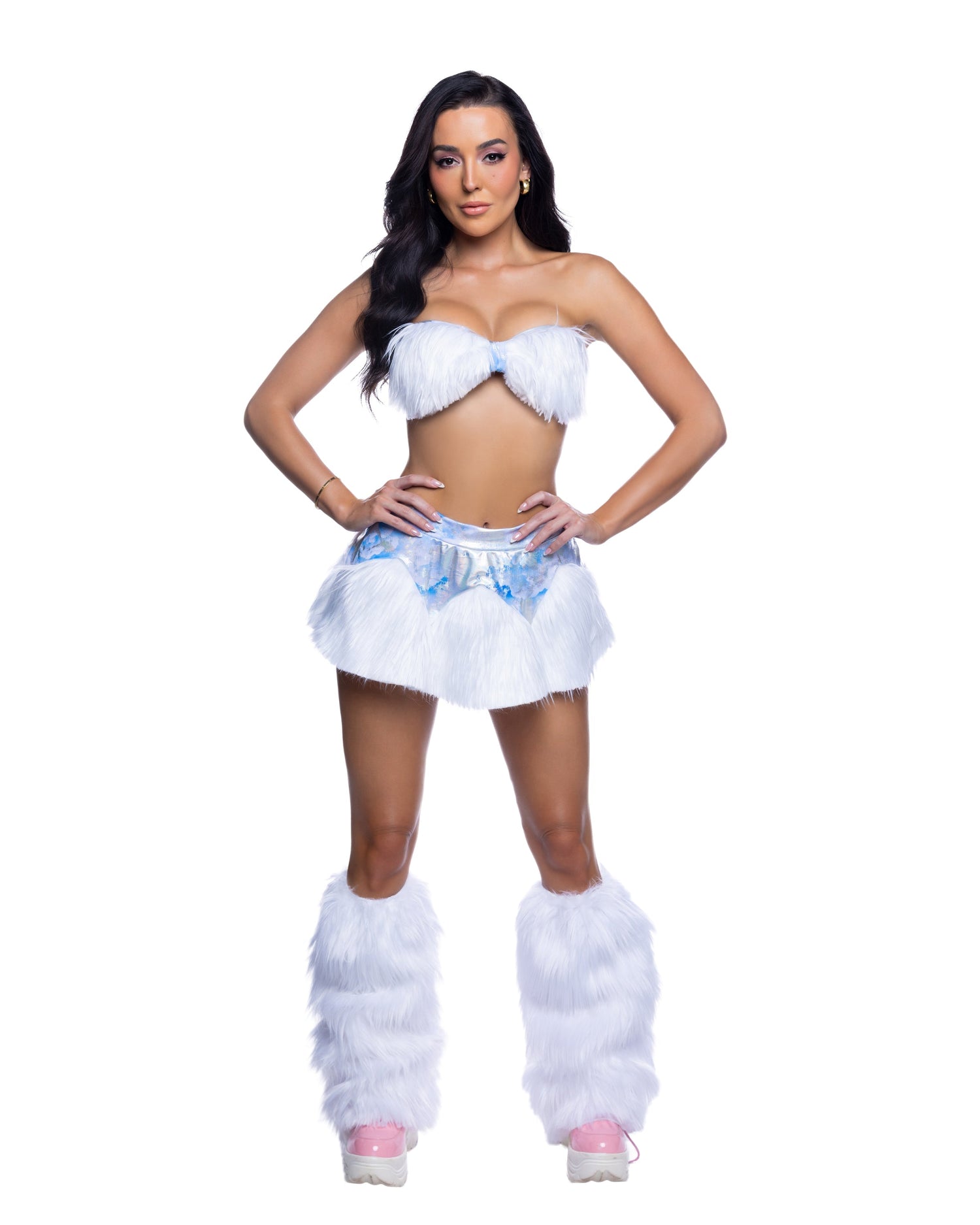 Clouds/White Shaggy Faux Fur Bandeau & Flare Mini Skirt Rave Set in faux fur for rave looks