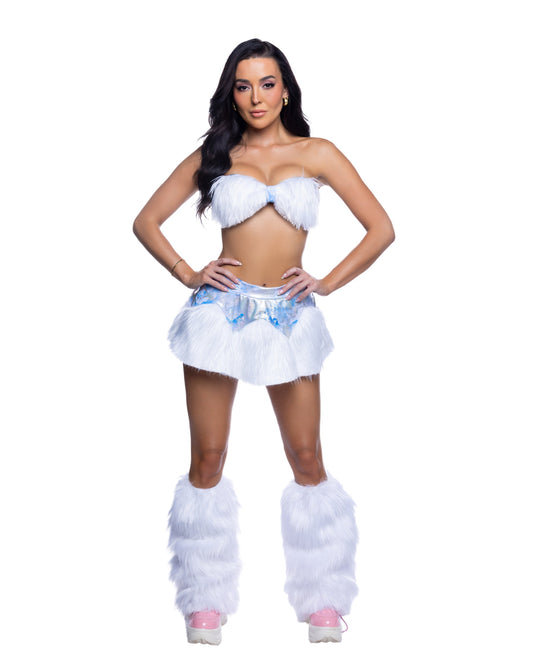 Clouds/White Shaggy Faux Fur Bandeau & Flare Mini Skirt Rave Set in faux fur for rave looks