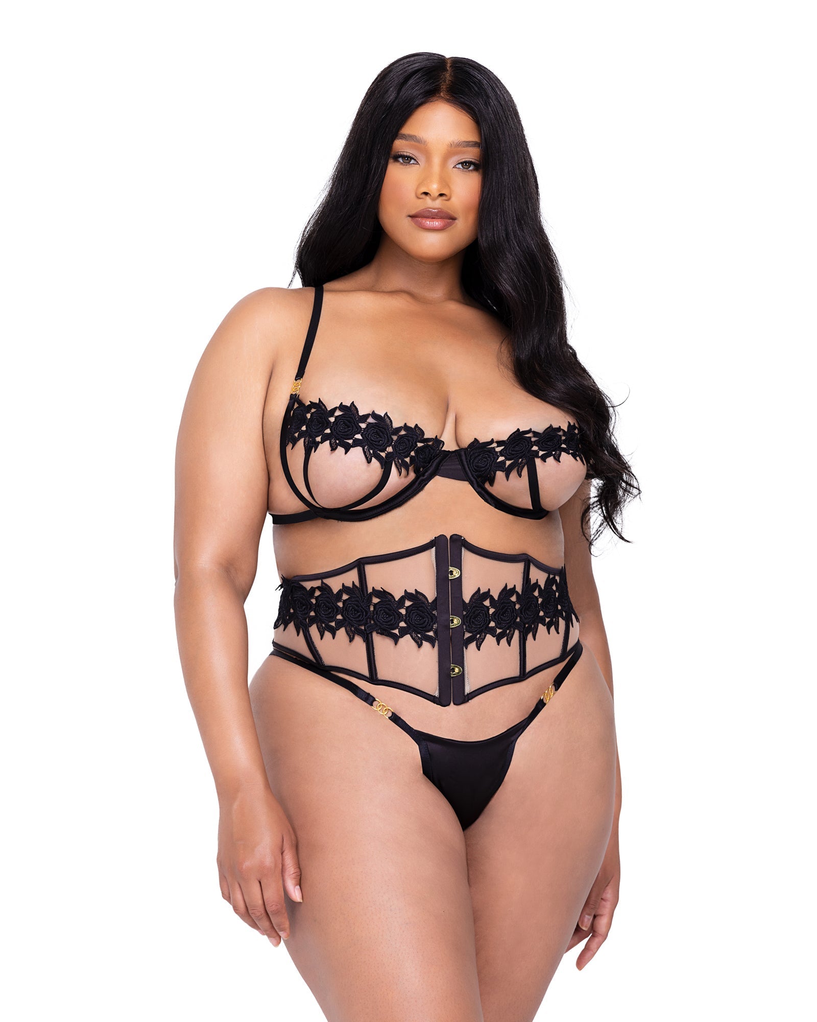 Black Ebony Rose 3-Piece Waspie Short Set in satin for rave looks