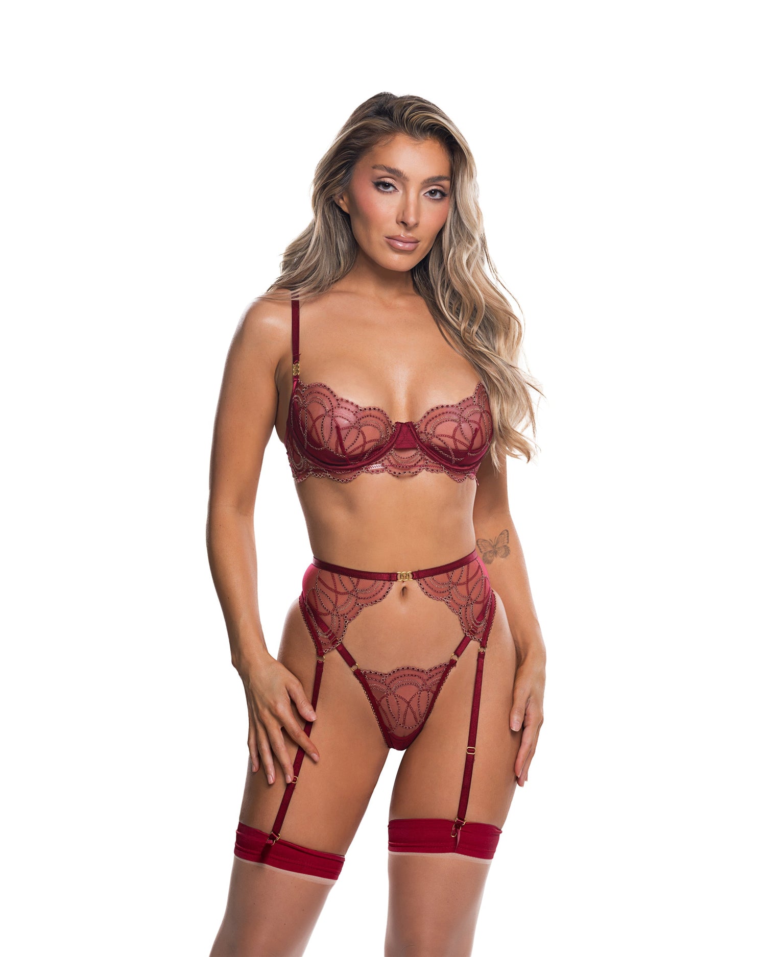 Wine/Gold Beaded Belle 3-Piece Garter Set in lace for rave looks