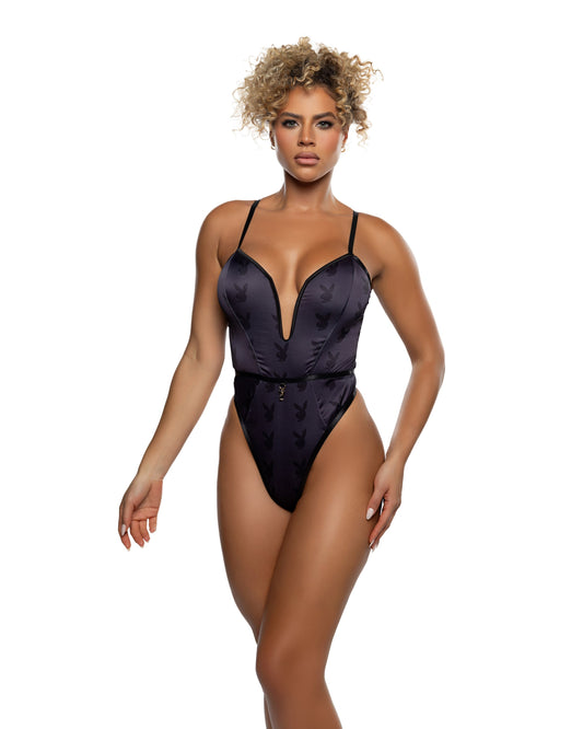Black Playboy Blackout Bunny Romper in satin for rave looks
