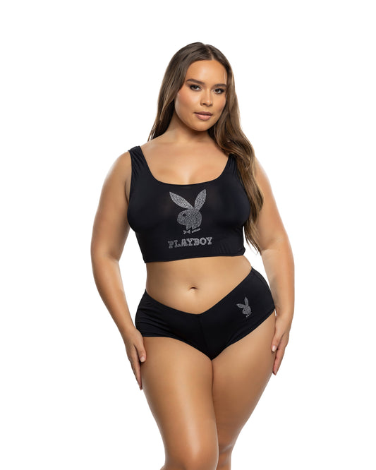 Black Playboy Bling Bunny 2pc Lounge Set in rhinestone for rave looks