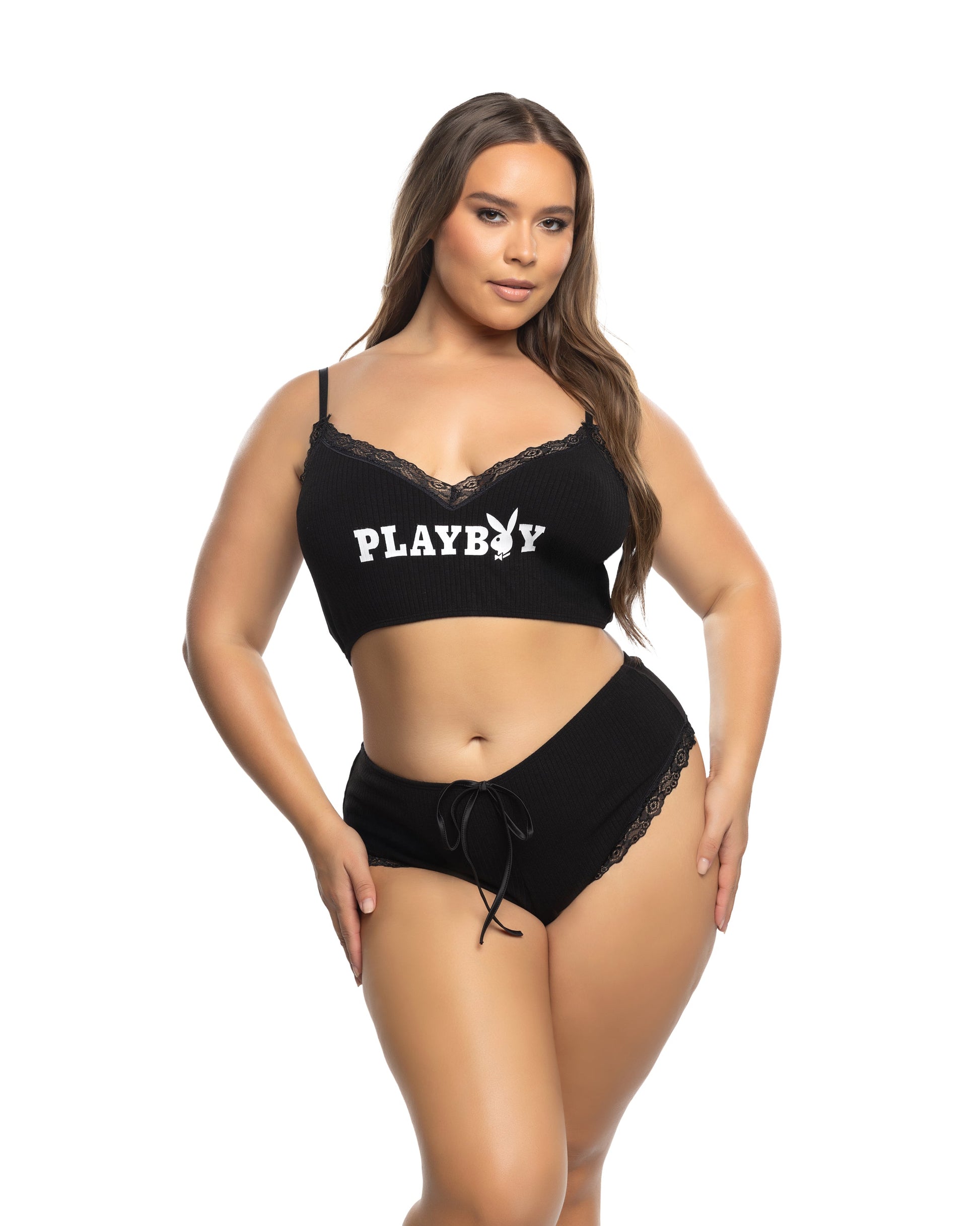 Black Playboy Comfy Bunny 2pc Cropped Cami Set in lace for rave looks