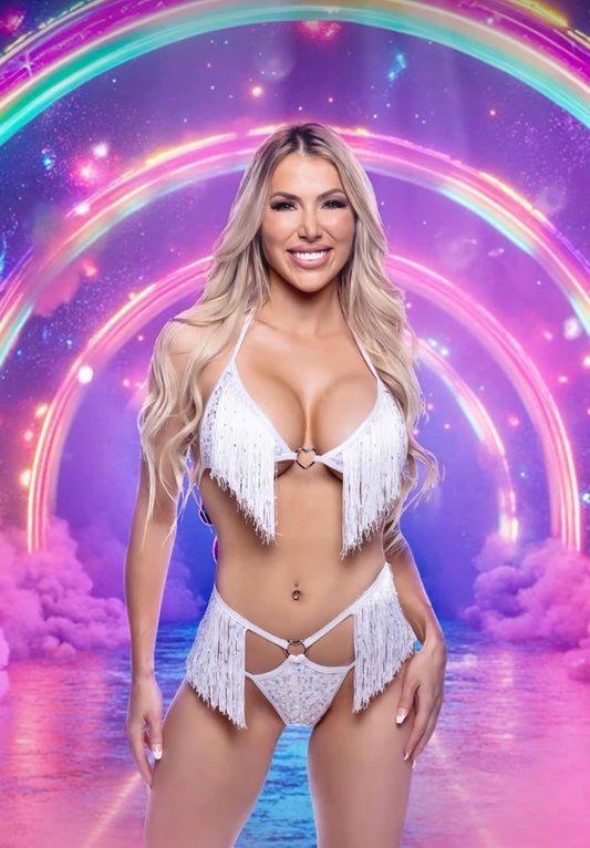White 2PC Sequin & Fringe Short Set in sequin for rave looks