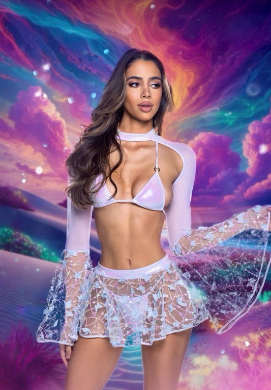 Baby Blue/White Bell Sleeve Shrug with Butterfly & Sequin Detail in sequin for rave looks