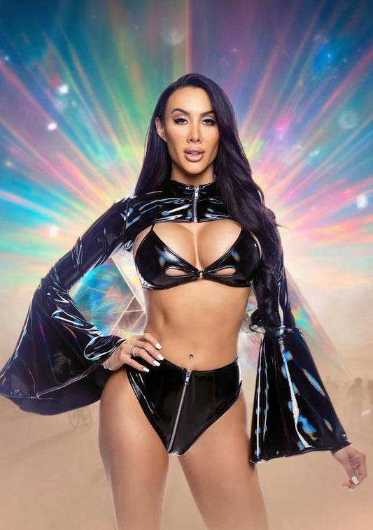 Black Bell Sleeve Vinyl Shrug with Zipper Closure in vinyl for rave looks