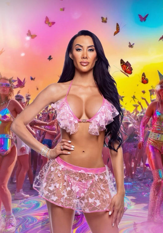 Pink Butterfly & Sequin Mini Skirt in sequin for rave looks