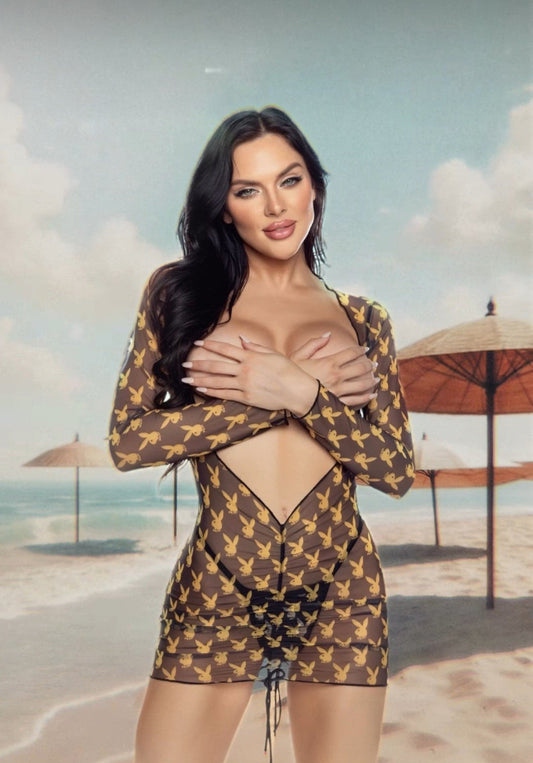 Black/Gold Bunny Cover-Up in mesh for rave looks