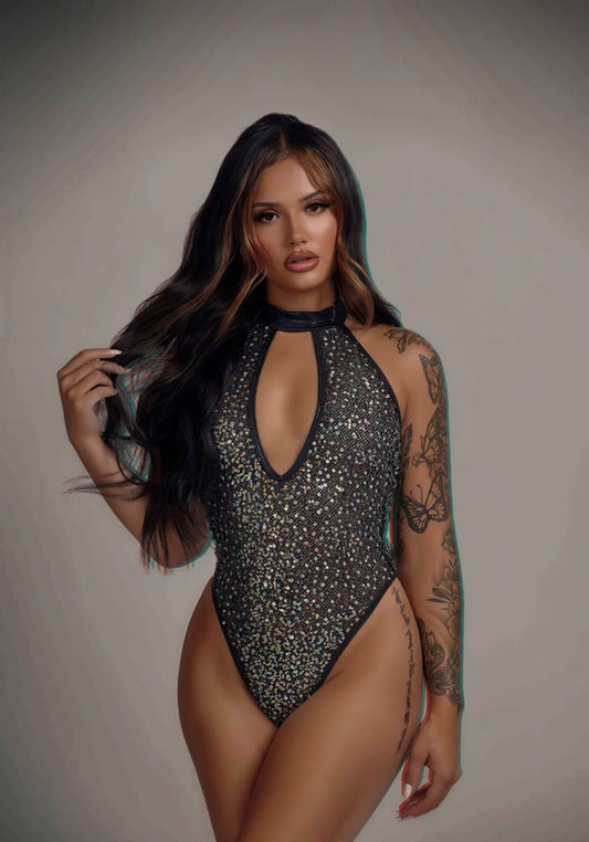 Black GlitterGlam Keyhole Mesh Romper in fishnet for rave looks