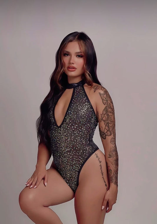 Black GlitterGlam Keyhole Mesh Romper in fishnet for rave looks