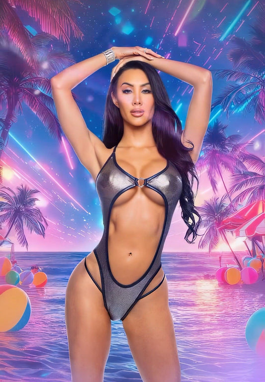 Blue Holographic Fishnet Cutout Romper in holographic for rave looks