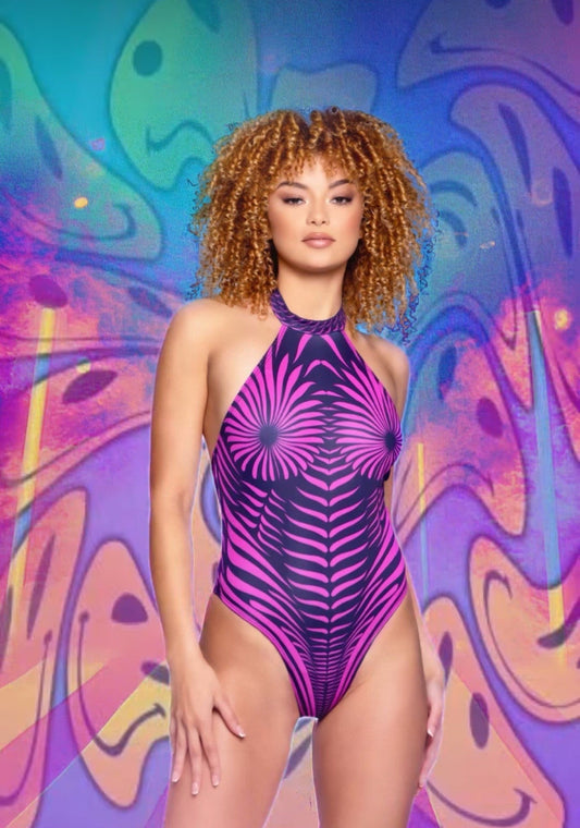 Pink/Black Hypnotic Swirl Sleeveless Romper in fishnet for rave looks