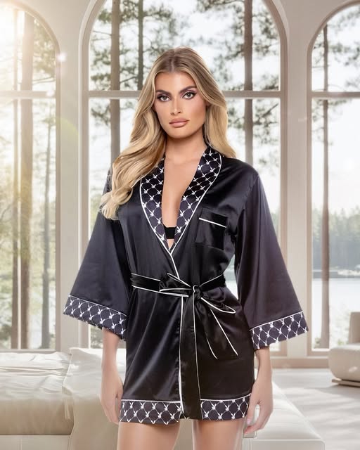 black Playboy Bunny Smoke Lounge Robe in satin for rave looks