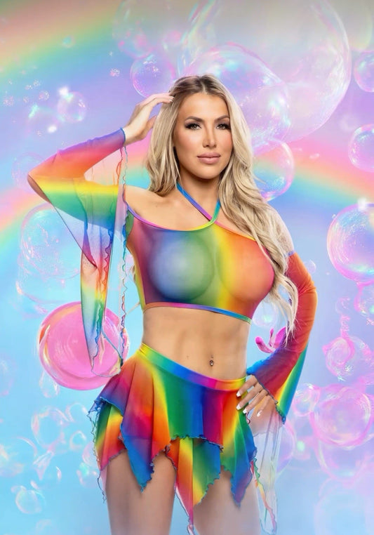 Rainbow Rainbow Mesh Flow Skirt in mesh for rave looks