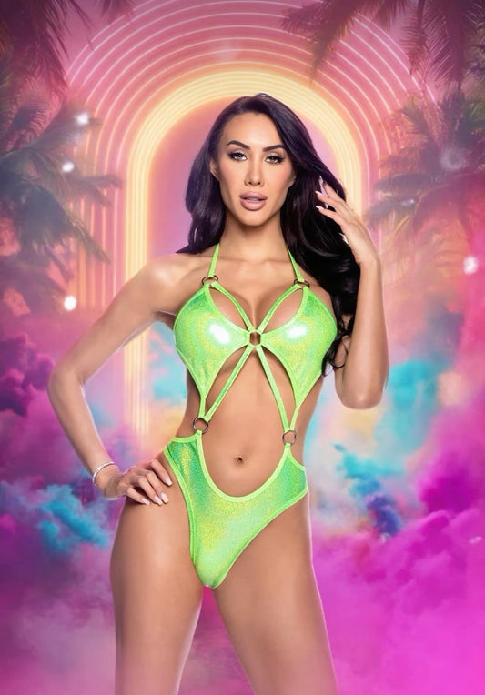 Neon Green Shimmer Romper with Ring Detail in reflective for rave looks