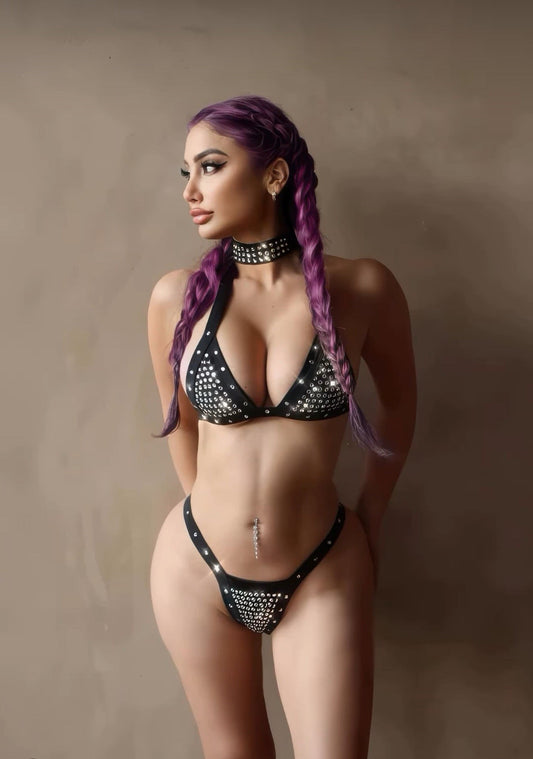 Black 2PC Fully Bedazzled Rhinestone Bikini Set in rhinestone for rave looks