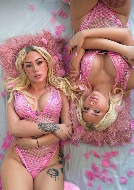 Pink Think Pink Rhinestone Teddy in fishnet for rave looks