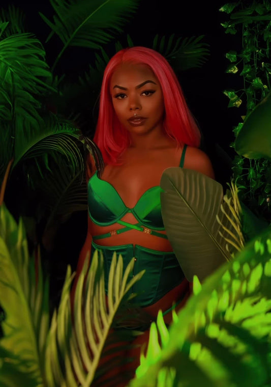 Green Cleopatra 3-Piece Waspie Set in satin for rave looks