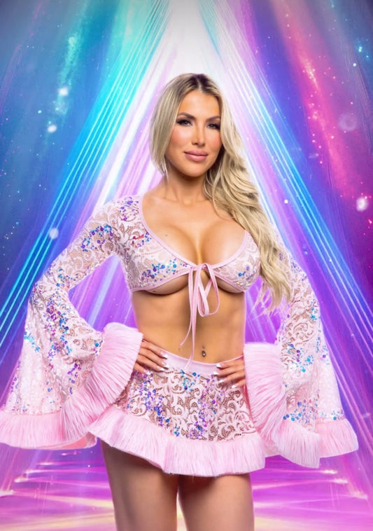Pearly Pink Sequin Faux Fur Trimmed Wrap Top in faux fur for rave looks