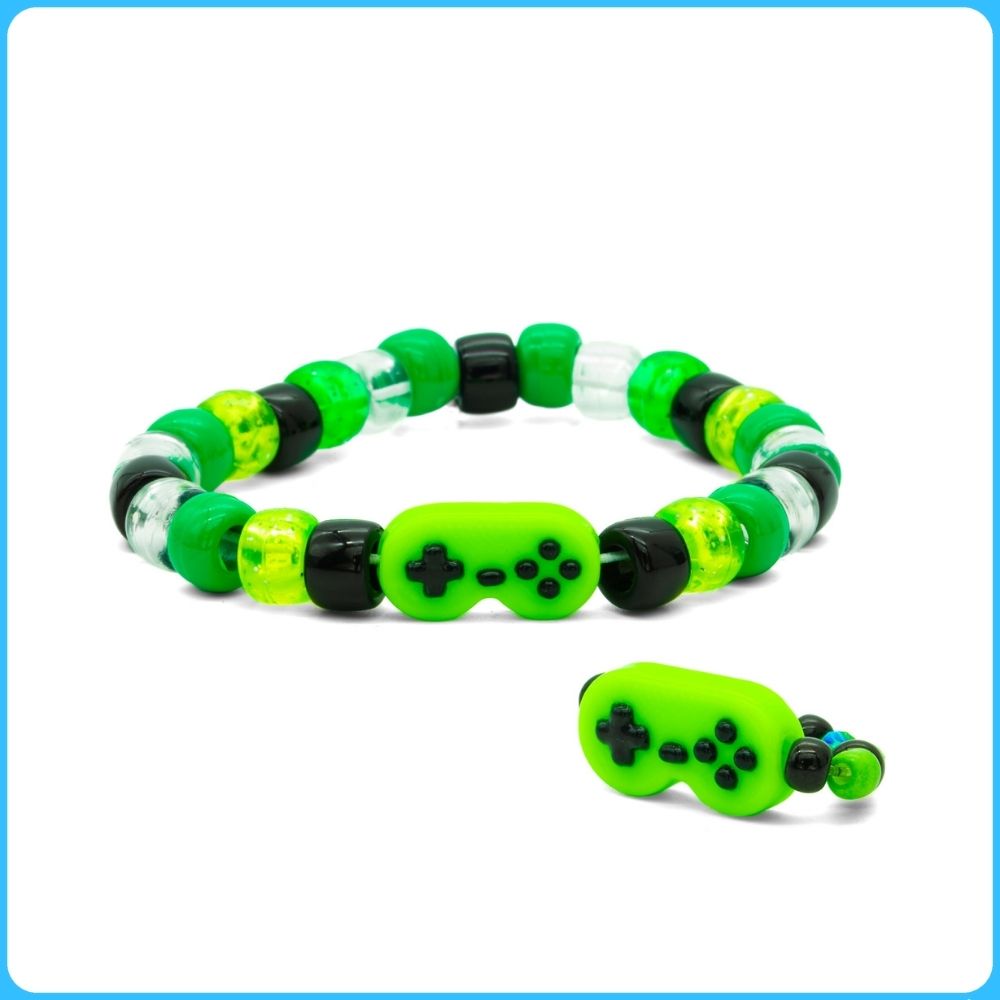 Green Retro Controller Kandi Ring & Bracelet Set (2 Pack)