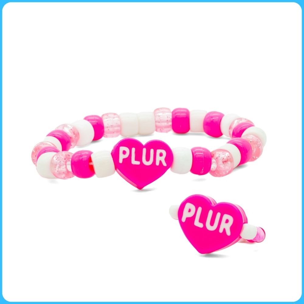 Pink PLUR Heart Kandi Ring & Bracelet Set (2 Pack)