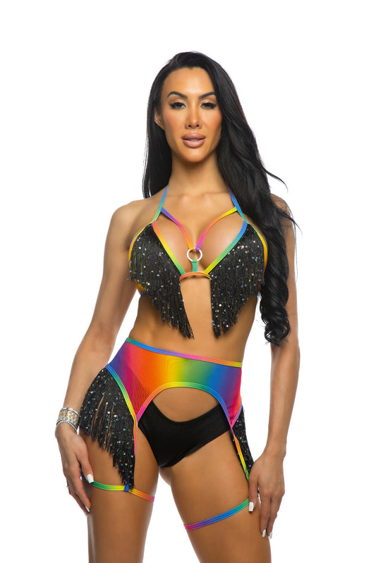 Rainbow/Black Rainbow Fringe Top, Garter & Short Set for rave looks