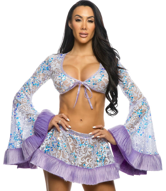 Pearly Pink Sequin Faux Fur Trimmed Skirt in faux fur for rave looks