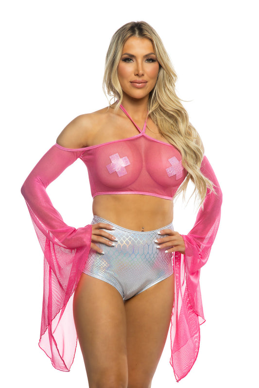 Turquoise Coated Fishnet Flair Sleeve Halter in holographic for rave looks