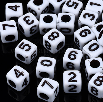 White Cube Number Beads 0-9 (6mm, 100 Pack)