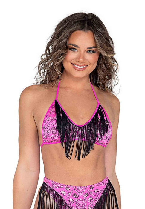 Black And Pink Metallic Printed Bikini Top With Fringe Detail