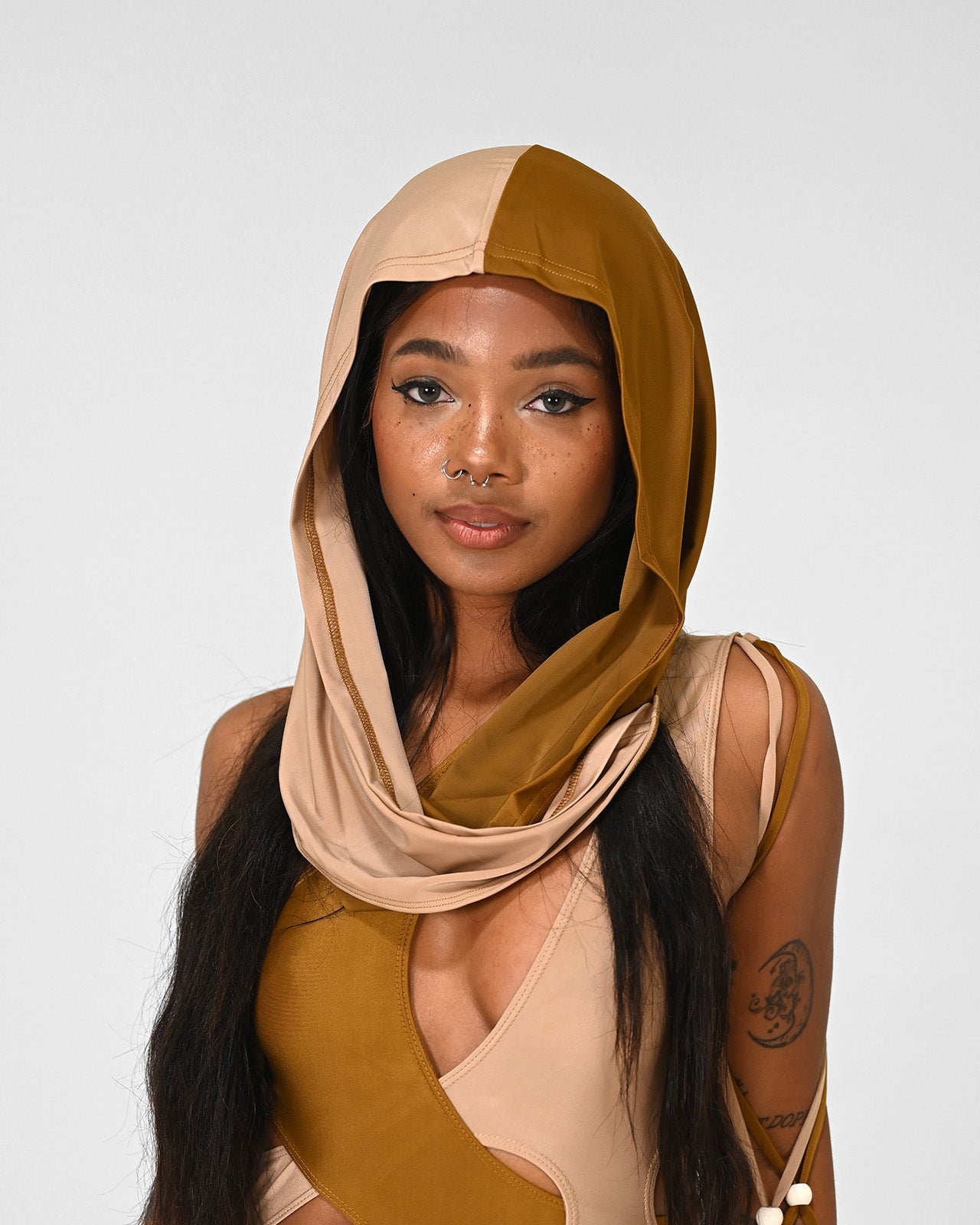 Two-tone sand desert festival hood in stretch fabric