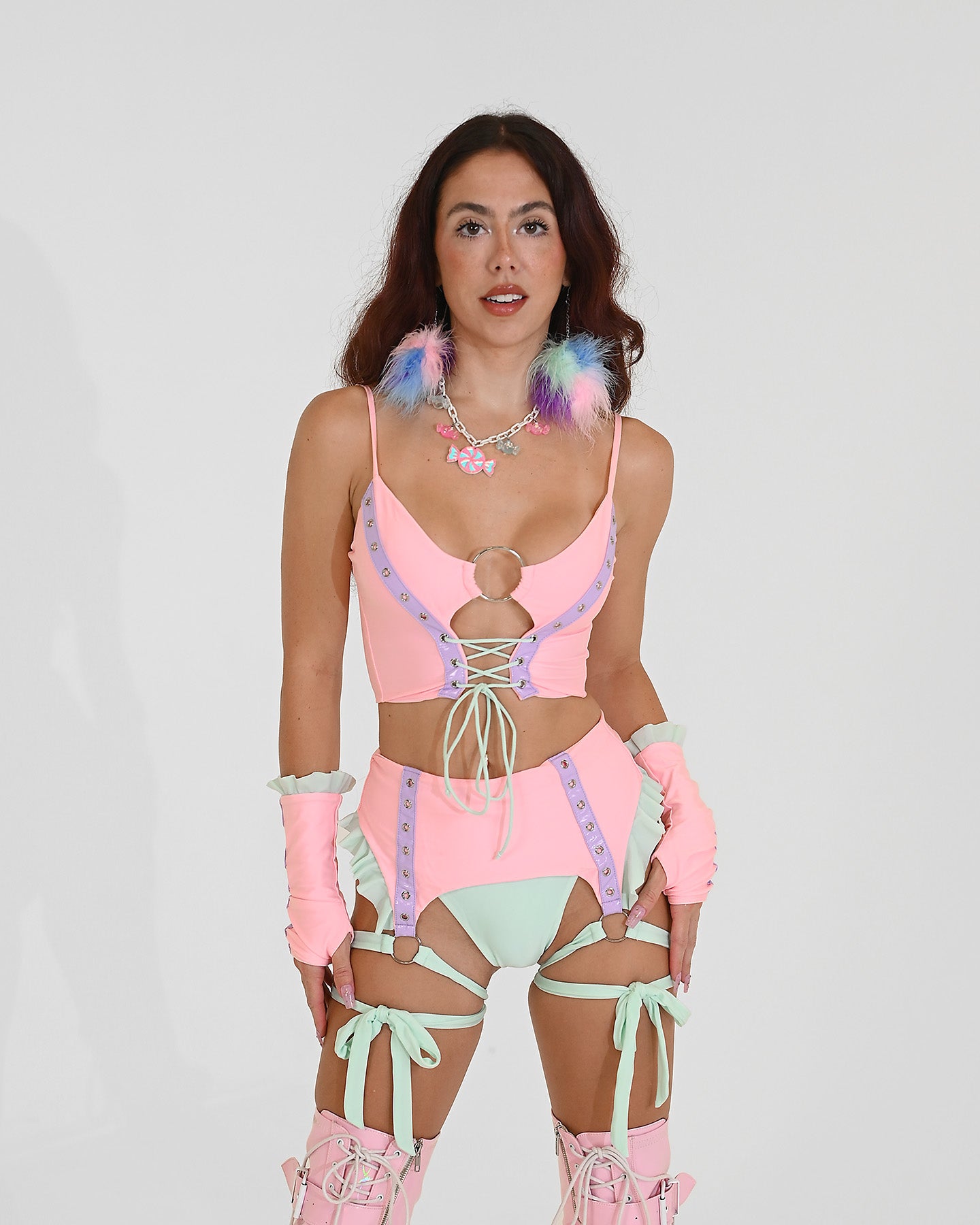 Pastel cotton-candy lace-up rave crop top with purple grommet-vinyl panels and mint ties