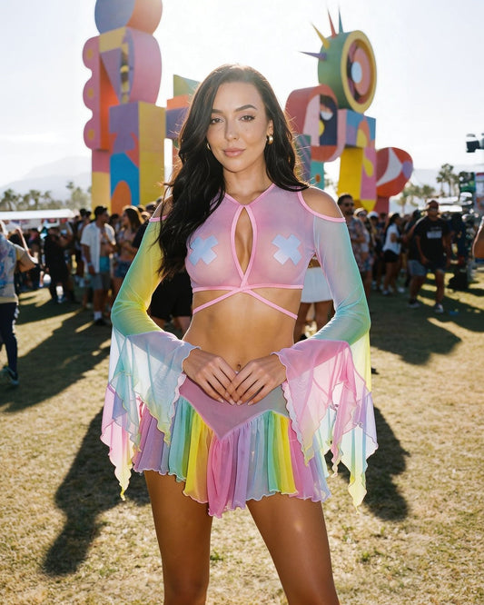 Rainbow Rainbow Mesh Flow Top & Skirt Set in mesh for rave looks
