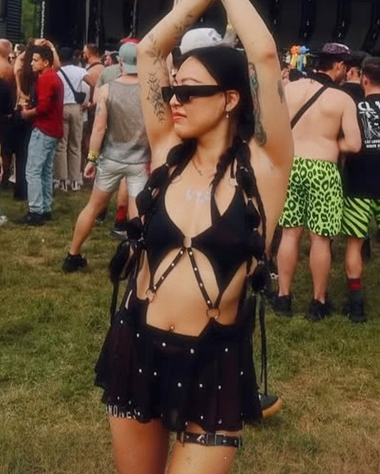 Black Bedazzled Strappy Romper with Rhinestone Detail in rhinestone for rave looks