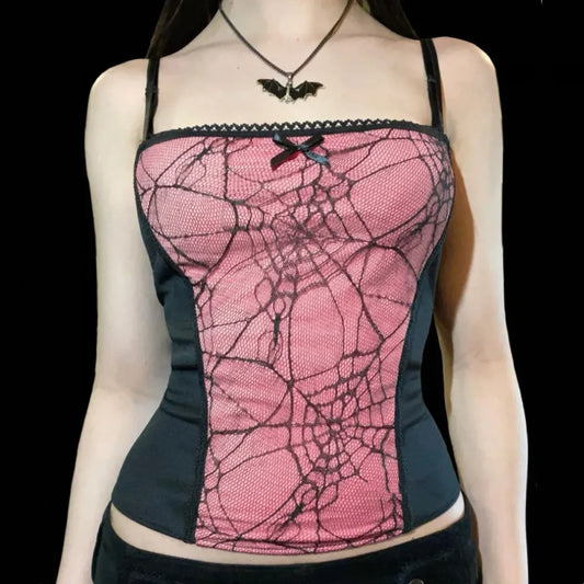 Gothic spider lace cami top with pink spiderweb overlay and bow detail for alt and clubcore looks