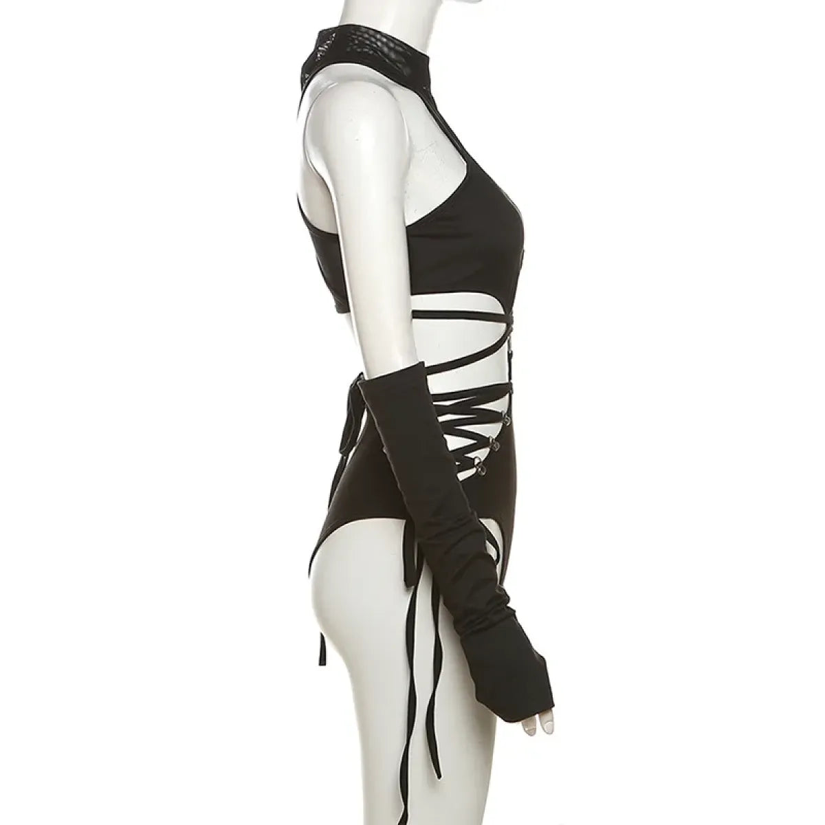 Black gothic techwear bodysuit with mesh high neck, ring bandage straps and side cut-outs for cyber and club looks
