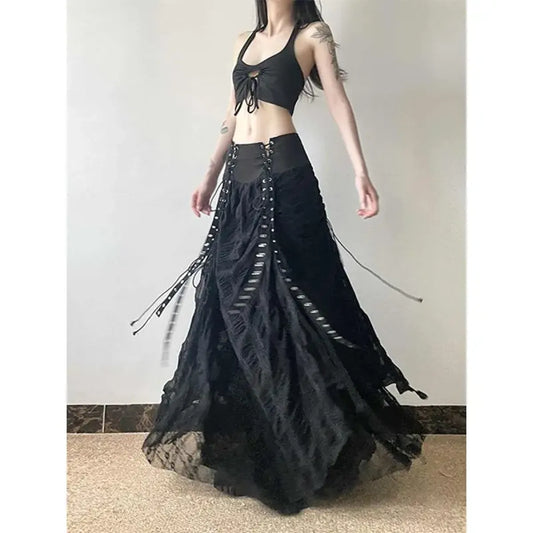 Black Harajuku lace bow A-line maxi skirt with cascading lace and ribbon detail for fairycore and alt looks