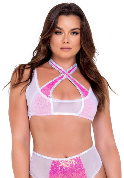 Hot Pink And White Two-Tone Mesh Crop Top