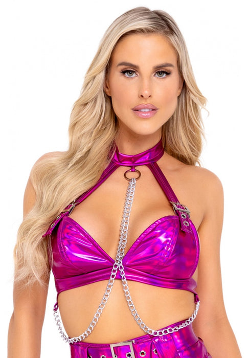Hot Pink Holographic Vinyl Buckled Top