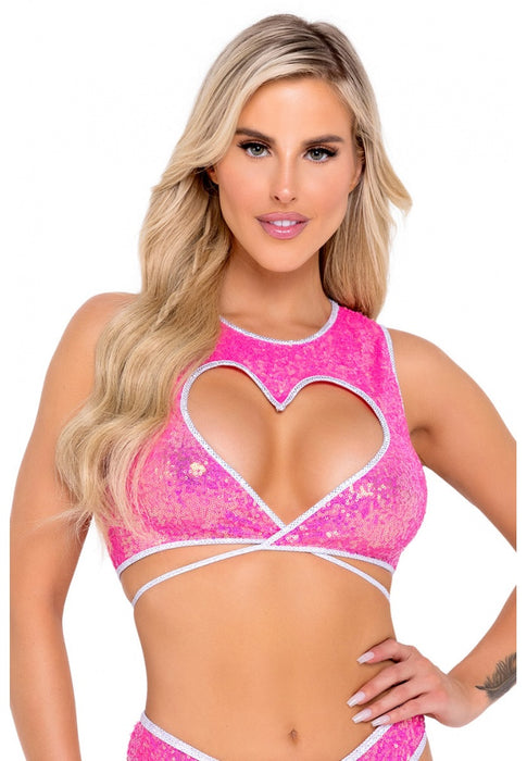 Hot Pink Sequin Wrap Top With Heart Cutout