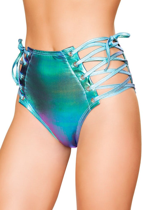 Iridescent Blue High-Waisted Shorts With Lace-Up Sides