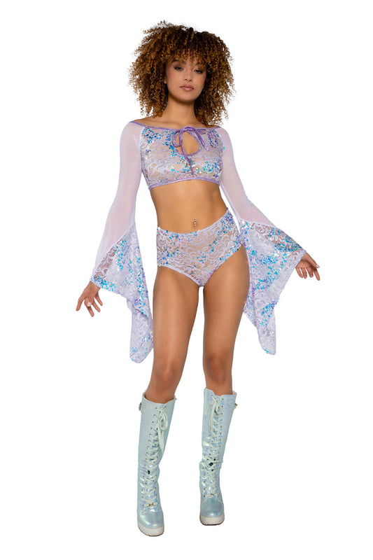 Baby Blue Fishnet/Mesh Sequin Flair Sleeve Top in fishnet for rave looks
