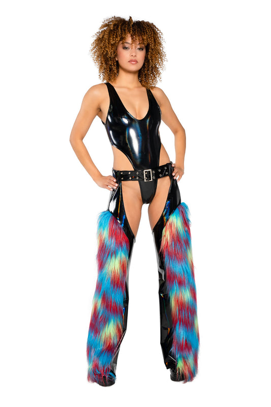 Black/Twisted Parrot Holo PVC/Faux Fur Chaps in faux fur for rave looks