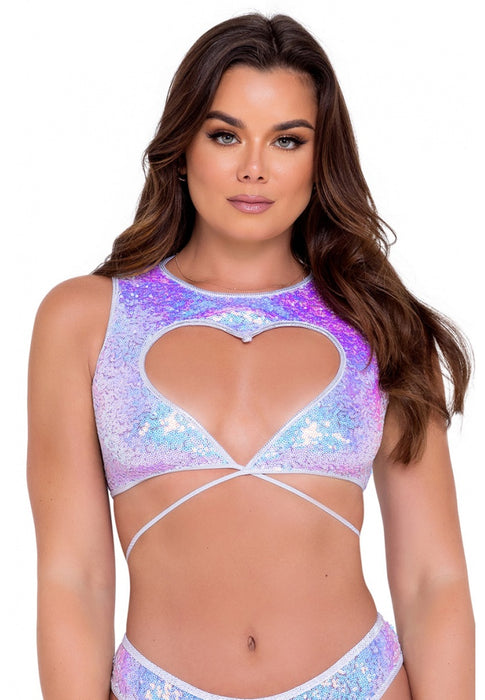 Lavender Sequin Wrap Top With Heart Cutout