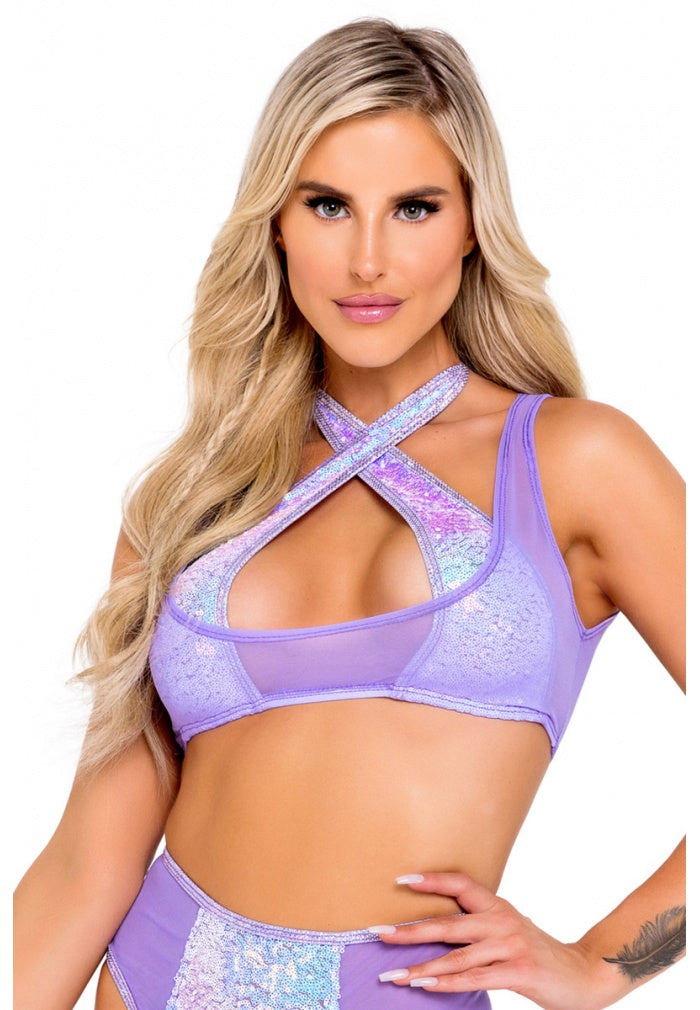 Lavender Two-Tone Mesh Crop Top