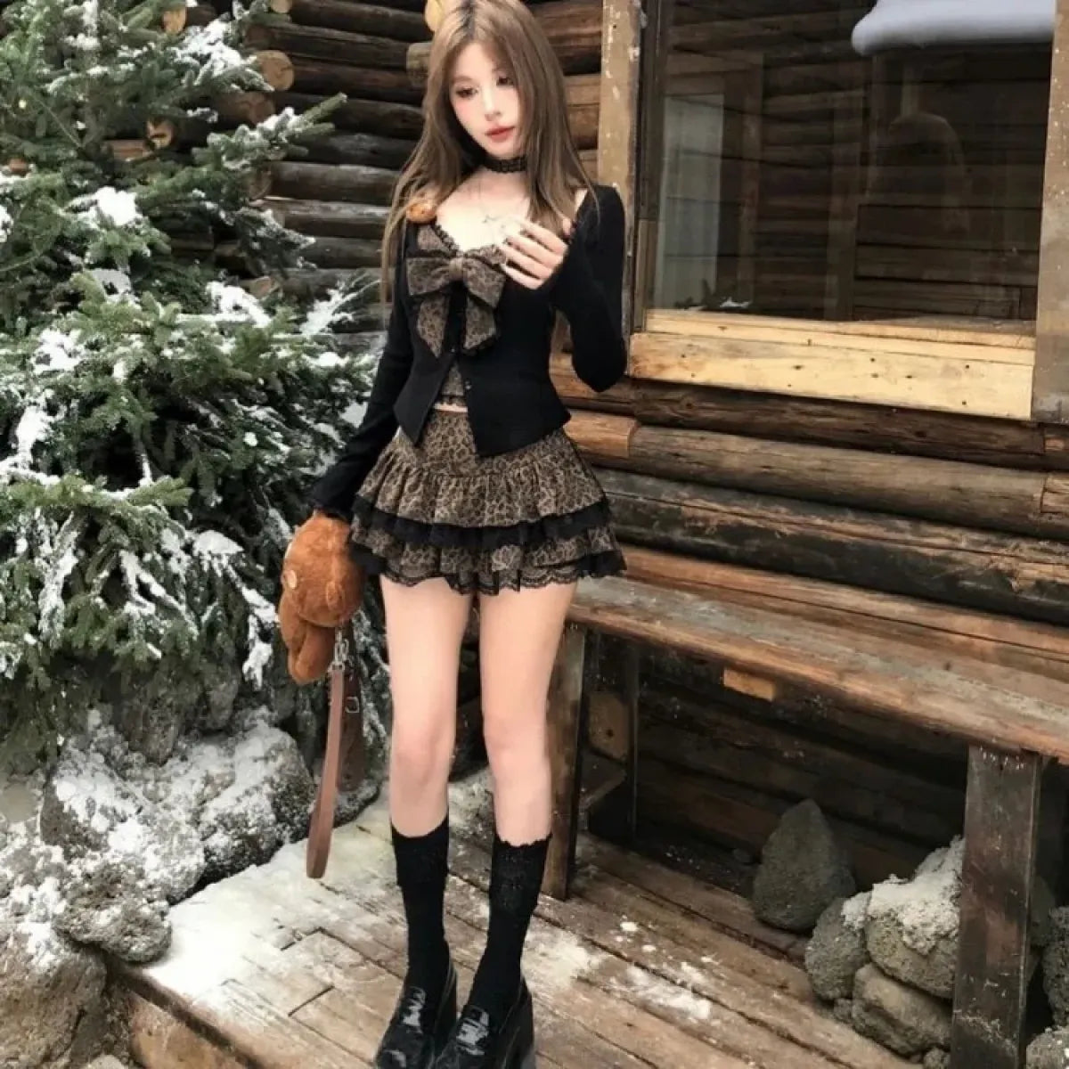 Leopard Print Bow Lace Coat & Cake Skirt Set