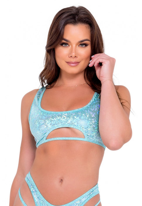 Light Green Shimmer Crop Top With Keyhole